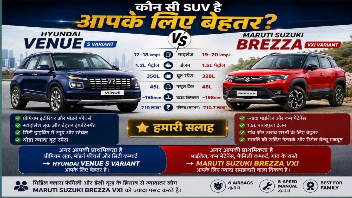 Hyundai Venue S Variant vs Maruti Suzuki Brezza VXi: Middle Class Family के लिए कौन सी SUV है ज्यादा समझदारी वाला फैसला?